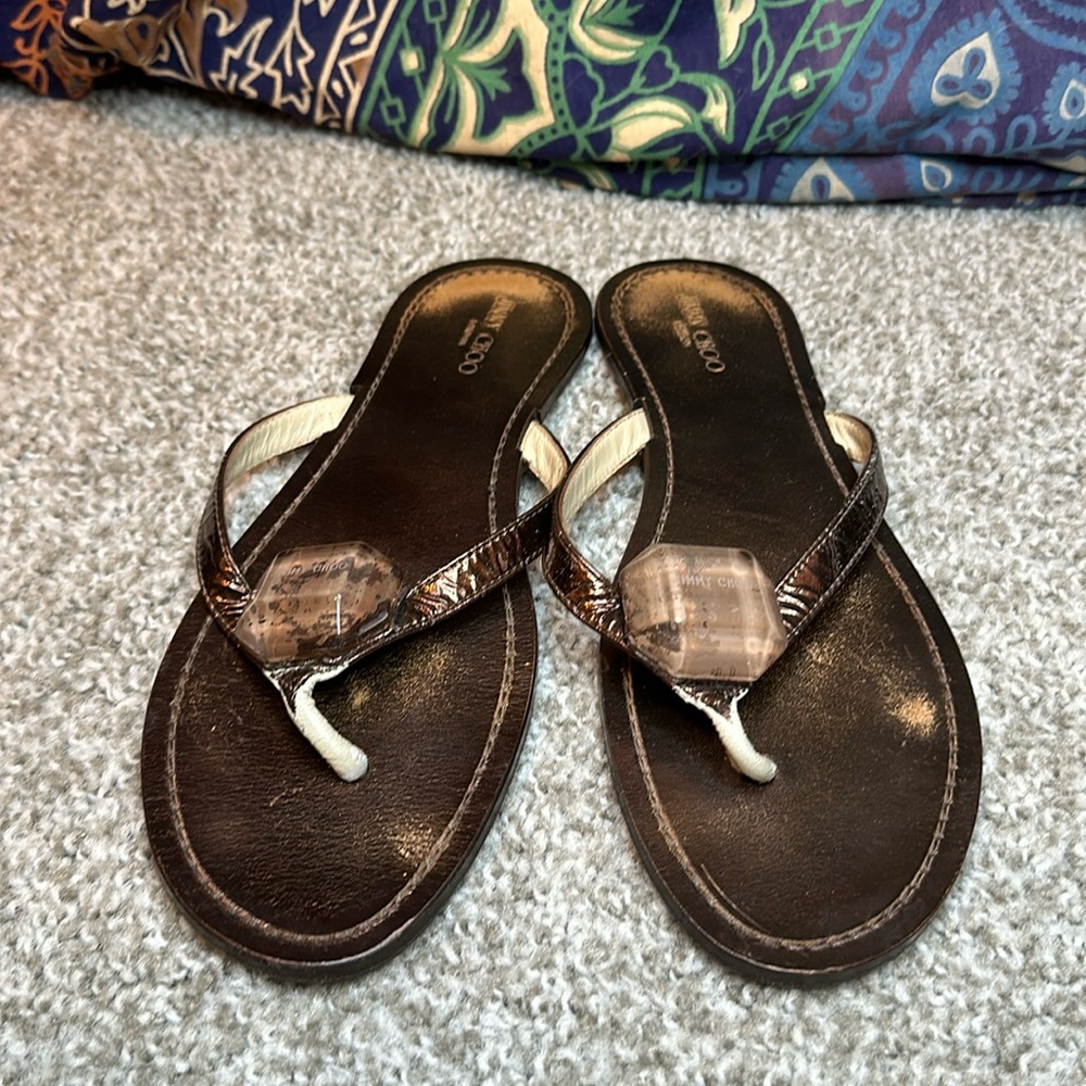 Jimmy Choo Size 38.5 Made in Italy Brown Flip Flop Sandals AS IS